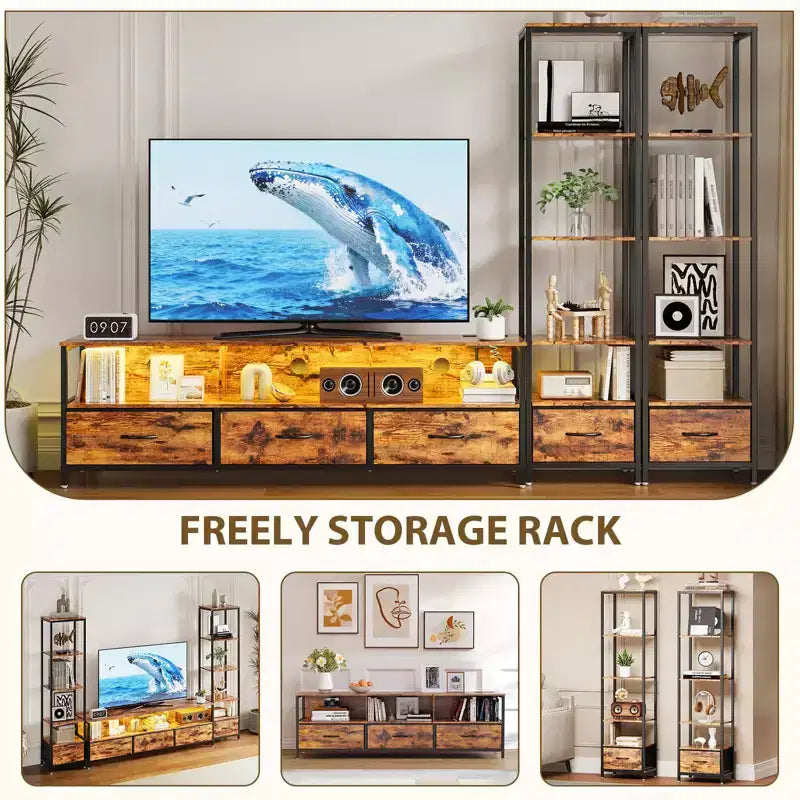 Meuble TV moderne avec étagère, meuble de divertissement compact en bois et métal avec tiroir en tissu pour salon