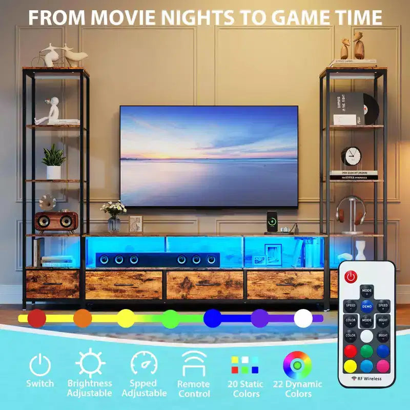 Meuble TV moderne avec étagère, meuble de divertissement compact en bois et métal avec tiroir en tissu pour salon