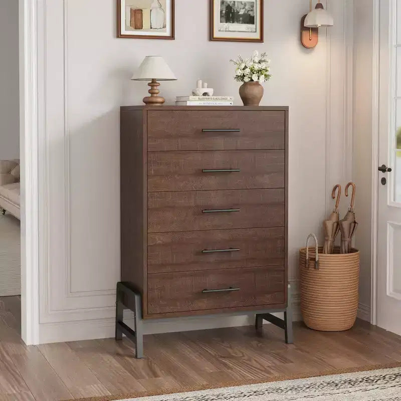Garvee 5 Commode pour chambre à coucher, tiroir de 128 cm de haut avec grand espace de rangement, commode de rangement autoportante en bois pour salon, chambre à coucher