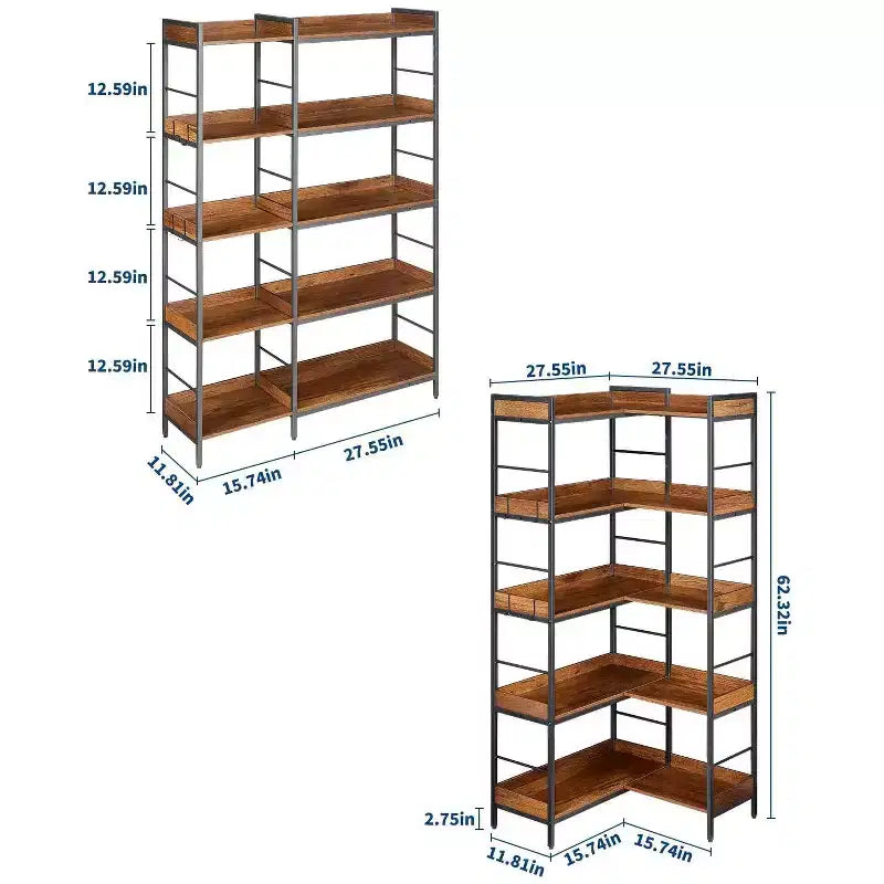 Étagère industrielle marron à 5 niveaux, droite ou d'angle, 90 kg/étagère