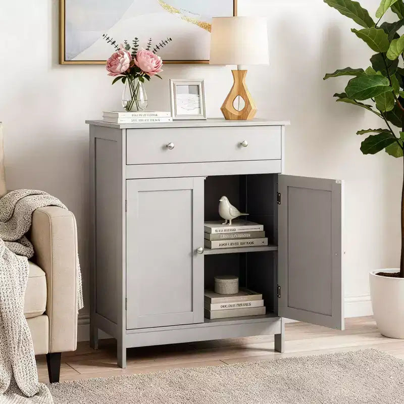 Gray Bathroom Storage Cabinet with 2 Doors and 1 Drawer