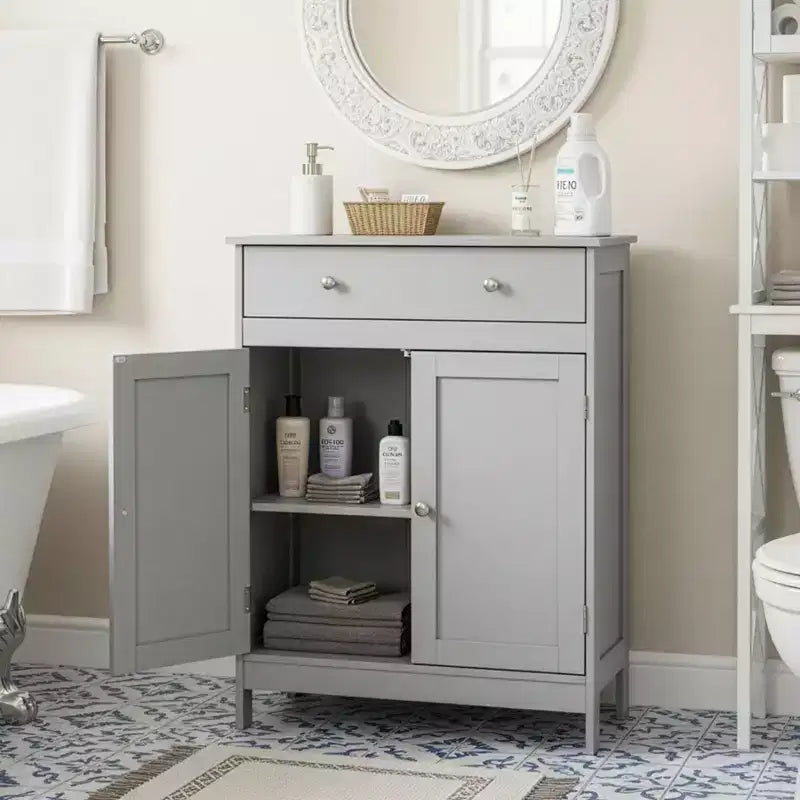 Meuble de rangement de salle de bain gris avec 2 portes et 1 tiroir