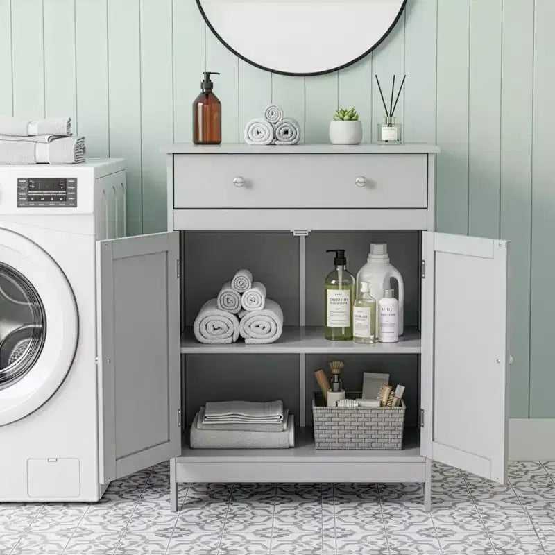 Meuble de rangement de salle de bain gris avec 2 portes et 1 tiroir