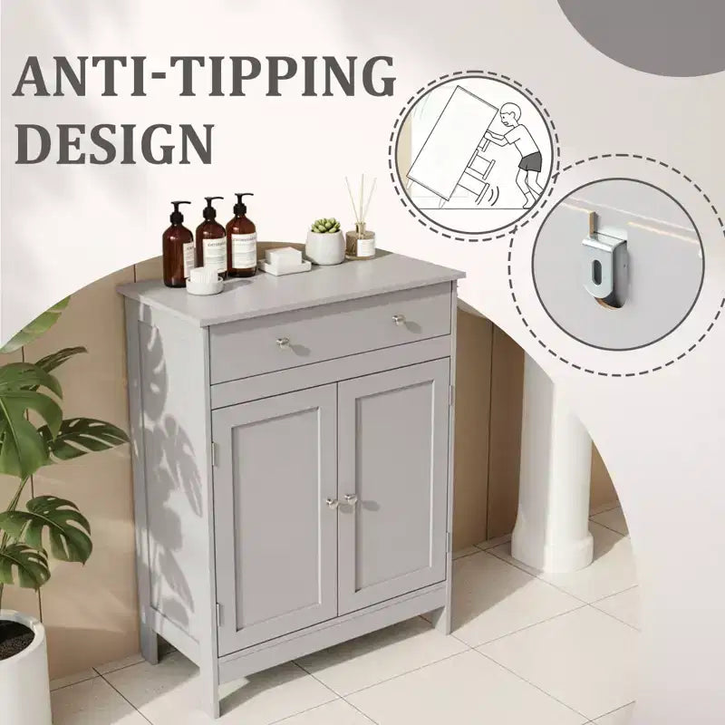Meuble de rangement de salle de bain gris avec 2 portes et 1 tiroir