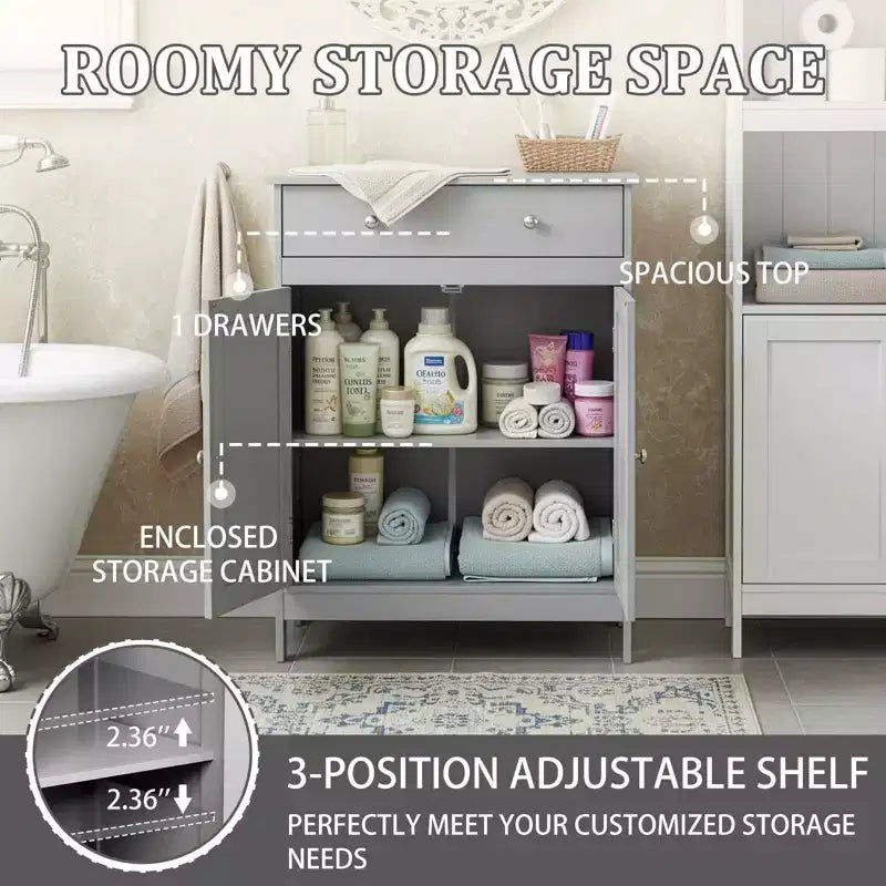 Meuble de rangement de salle de bain gris avec 2 portes et 1 tiroir