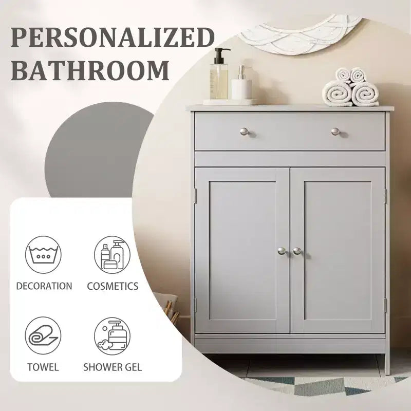 Meuble de rangement de salle de bain gris avec 2 portes et 1 tiroir