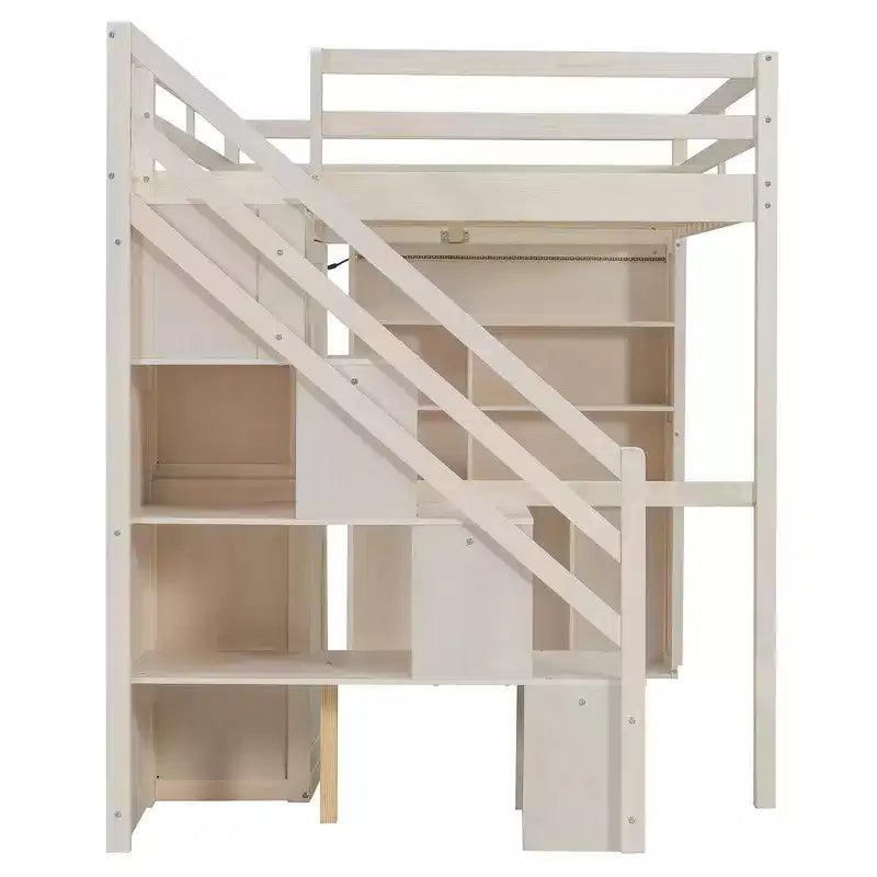 Lit mezzanine Whisen avec armoire intégrée, bureau, étagères de rangement et lumières
