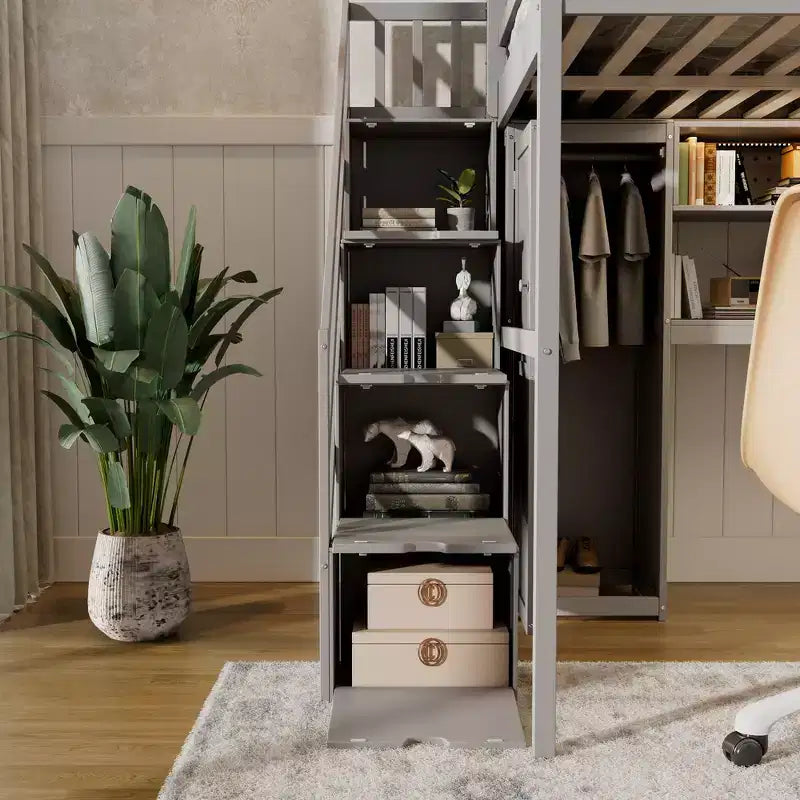 Lit mezzanine Whisen avec armoire intégrée, bureau, étagères de rangement et lumières