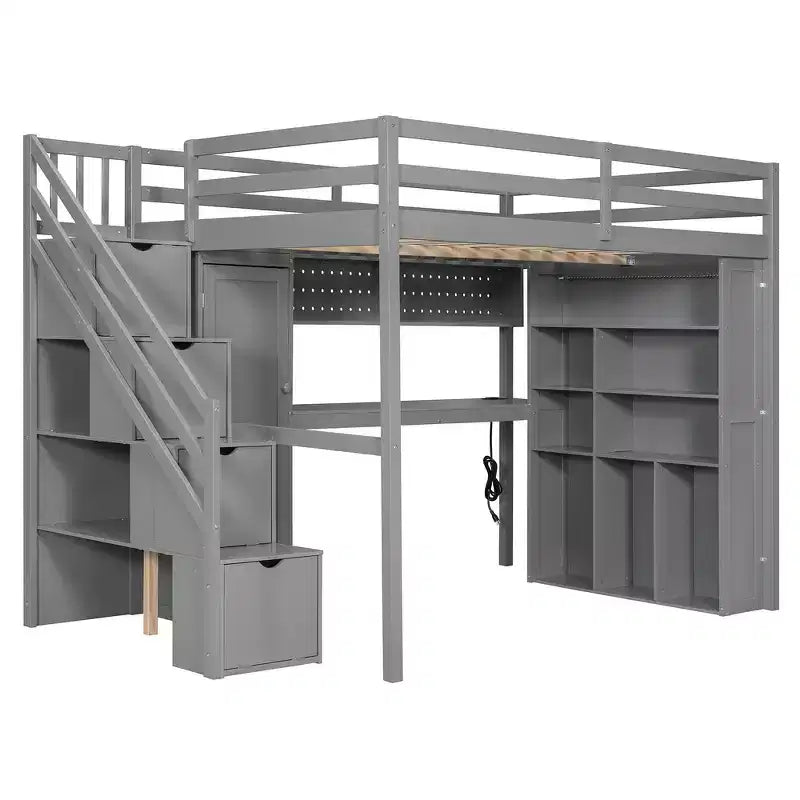 Lit mezzanine Whisen avec armoire intégrée, bureau, étagères de rangement et lumières