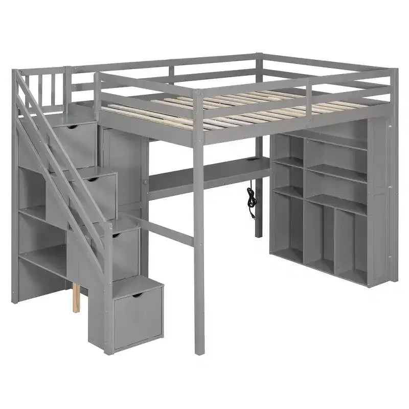 Lit mezzanine Whisen avec armoire intégrée, bureau, étagères de rangement et lumières