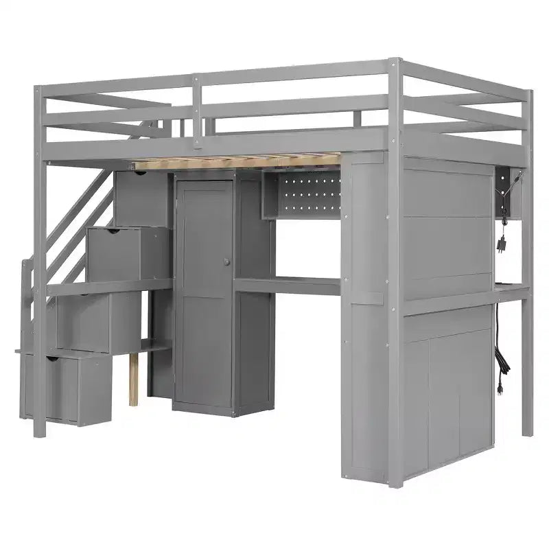 Lit mezzanine Whisen avec armoire intégrée, bureau, étagères de rangement et lumières