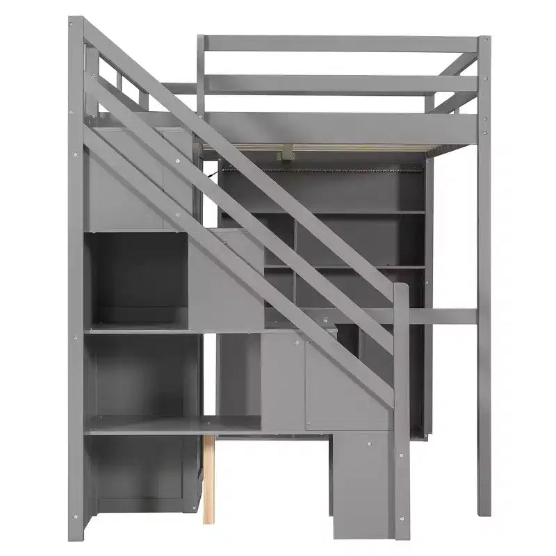 Lit mezzanine Whisen avec armoire intégrée, bureau, étagères de rangement et lumières