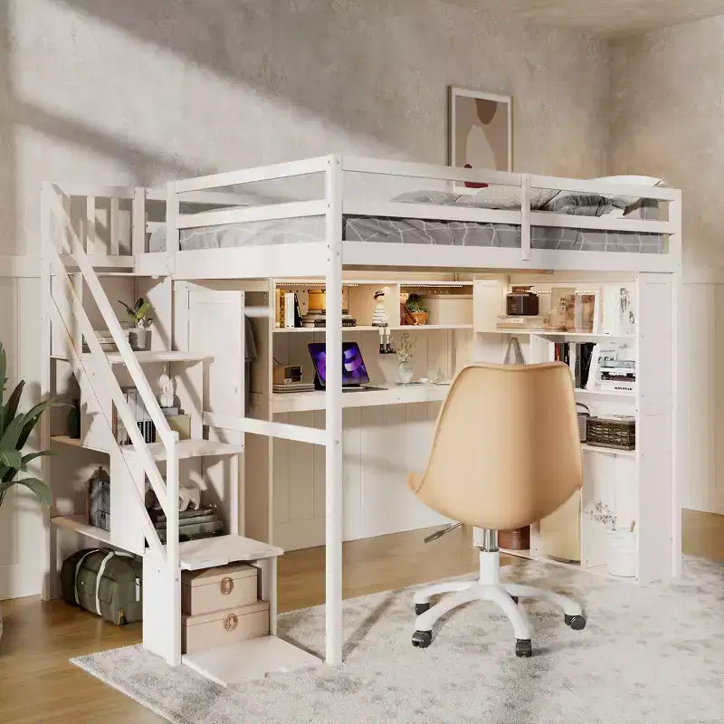 Lit mezzanine Whisen avec armoire intégrée, bureau, étagères de rangement et lumières
