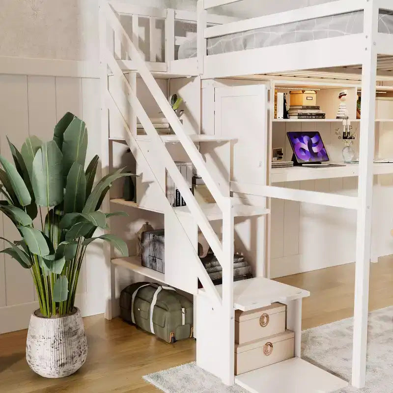Lit mezzanine Whisen avec armoire intégrée, bureau, étagères de rangement et lumières