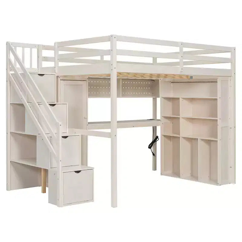 Lit mezzanine Whisen avec armoire intégrée, bureau, étagères de rangement et lumières