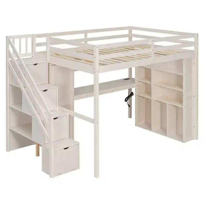 Lit mezzanine Whisen avec armoire intégrée, bureau, étagères de rangement et lumières