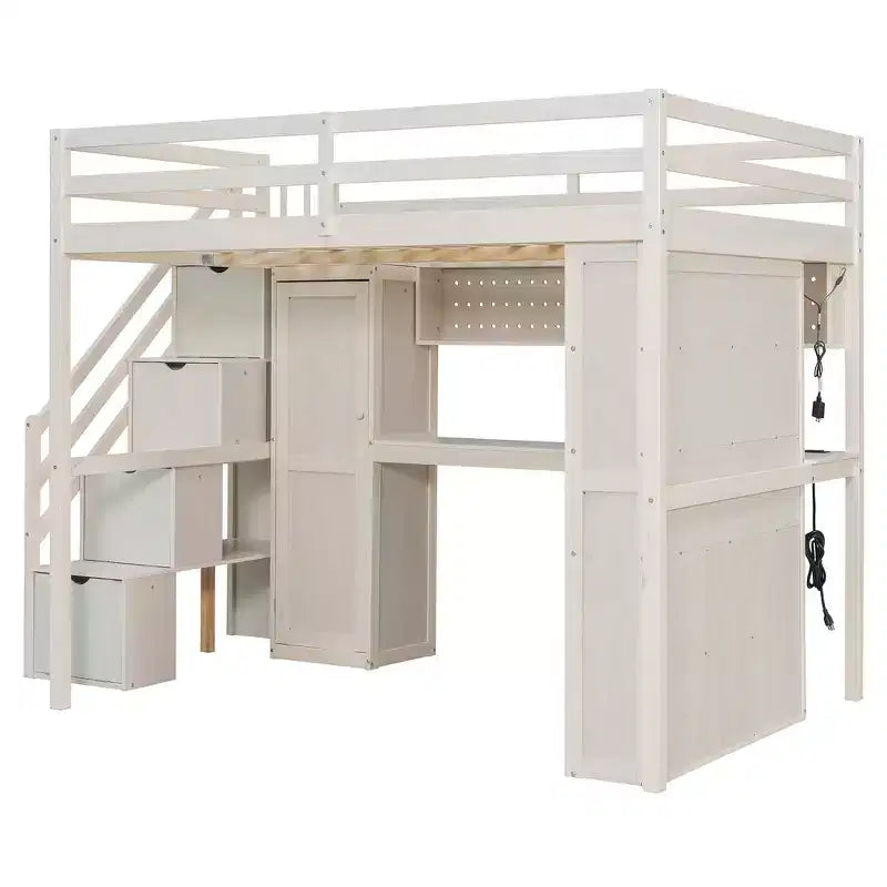 Lit mezzanine Whisen avec armoire intégrée, bureau, étagères de rangement et lumières