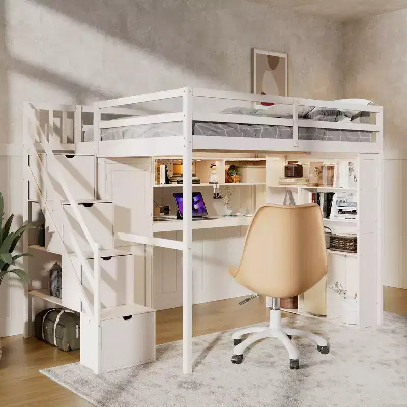 Whisen Full Loft Bed Frame with Built-In Wardrobe, Study Desk, Storage Shelves & Lights