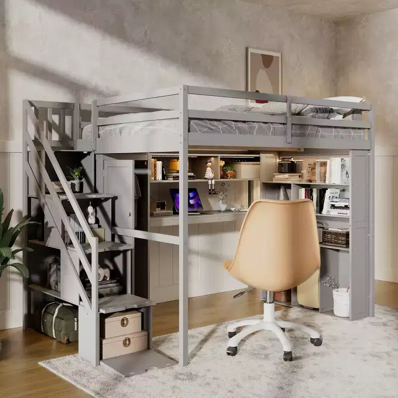 Lit mezzanine Whisen avec armoire intégrée, bureau, étagères de rangement et lumières