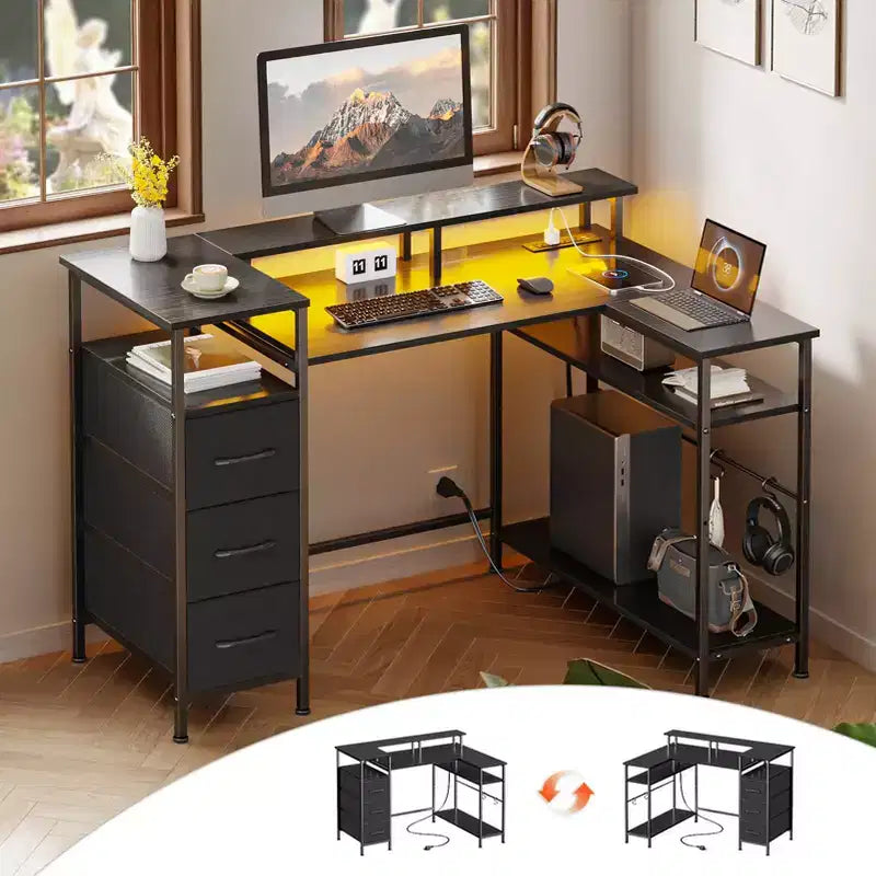 Bureau gaming noir en L avec lumières LED et prises de courant, 1 personne, réversible