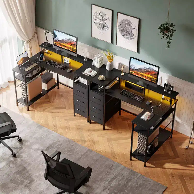 Bureau gaming noir en L avec lumières LED et prises de courant, 1 personne, réversible