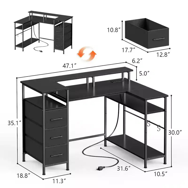 Bureau gaming noir en L avec lumières LED et prises de courant, 1 personne, réversible
