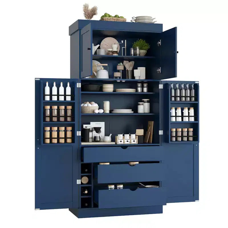 Armoire de cuisine autoportante de 195,5 cm de hauteur avec étagères réglables — Bleu / Gris / Blanc, assemblage par 1 personne