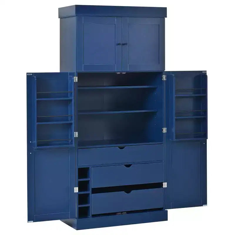 Armoire de cuisine autoportante de 195,5 cm de hauteur avec étagères réglables — Bleu / Gris / Blanc, assemblage par 1 personne