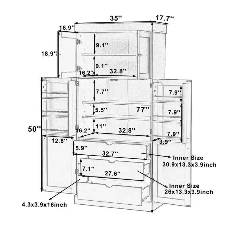 Armoire de cuisine autoportante de 195,5 cm de hauteur avec étagères réglables — Bleu / Gris / Blanc, assemblage par 1 personne