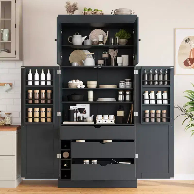 Armoire de cuisine autoportante de 195,5 cm de hauteur avec étagères réglables — Bleu / Gris / Blanc, assemblage par 1 personne