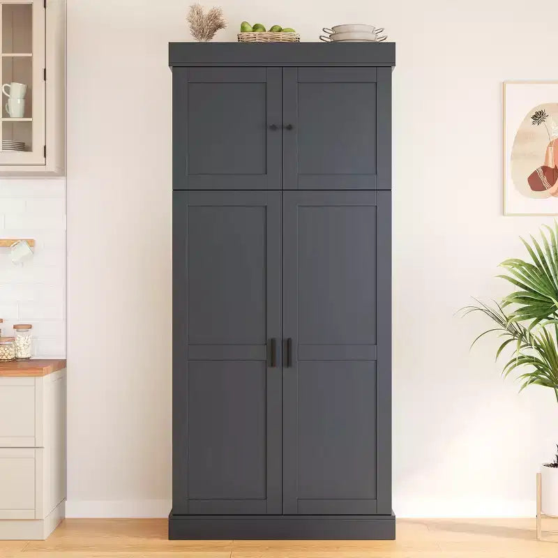 Armoire de cuisine autoportante de 195,5 cm de hauteur avec étagères réglables — Bleu / Gris / Blanc, assemblage par 1 personne