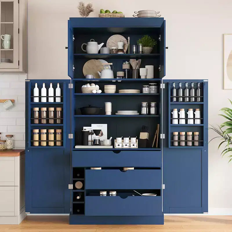 Armoire de cuisine autoportante de 195,5 cm de hauteur avec étagères réglables — Bleu / Gris / Blanc, assemblage par 1 personne