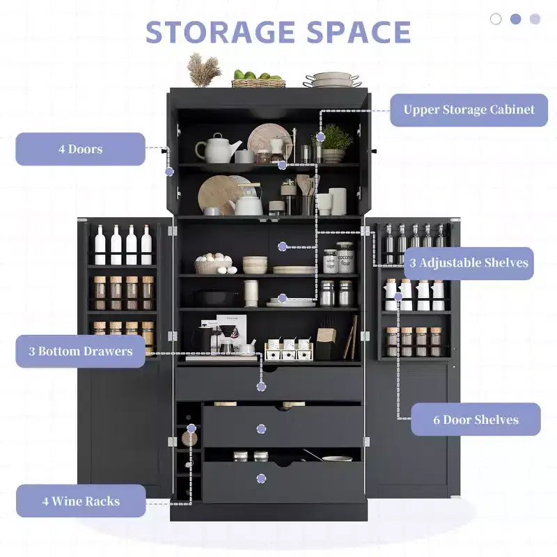Armoire de cuisine autoportante de 195,5 cm de hauteur avec étagères réglables — Bleu / Gris / Blanc, assemblage par 1 personne