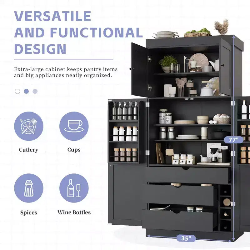 Armoire de cuisine autoportante de 195,5 cm de hauteur avec étagères réglables — Bleu / Gris / Blanc, assemblage par 1 personne