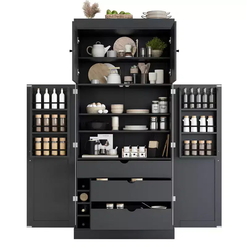 Armoire de cuisine autoportante de 195,5 cm de hauteur avec étagères réglables — Bleu / Gris / Blanc, assemblage par 1 personne