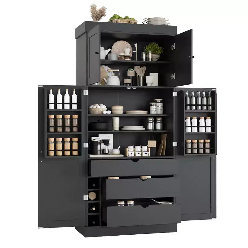 Armoire de cuisine autoportante de 195,5 cm de hauteur avec étagères réglables — Bleu / Gris / Blanc, assemblage par 1 personne