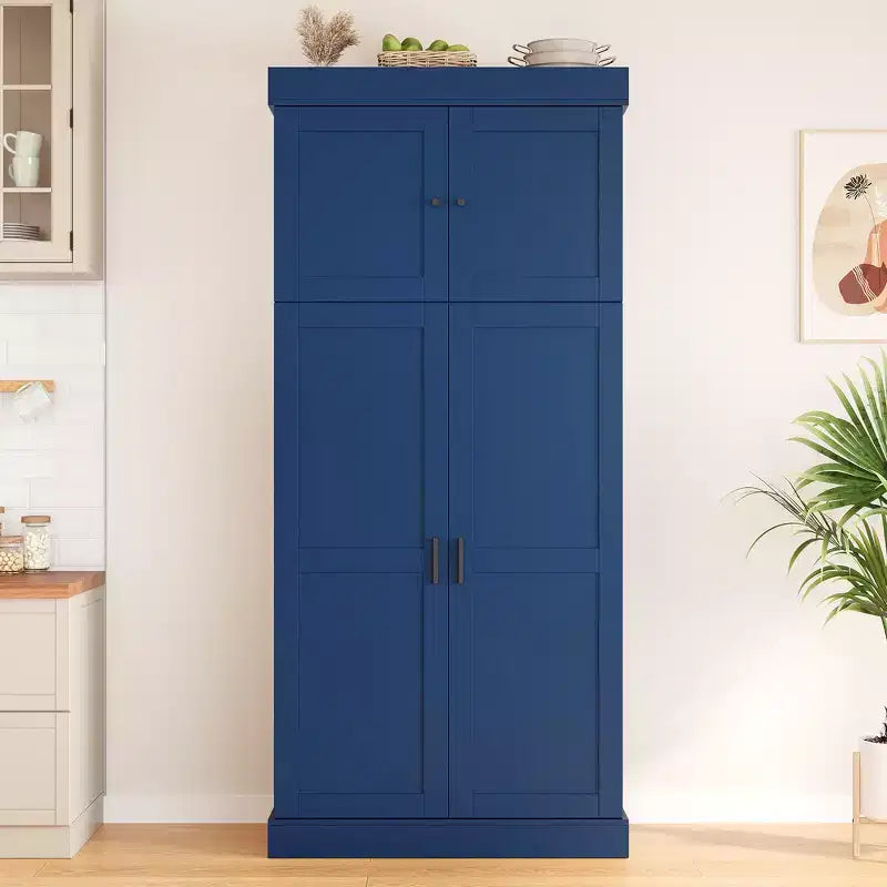 Armoire de cuisine autoportante de 195,5 cm de hauteur avec étagères réglables — Bleu / Gris / Blanc, assemblage par 1 personne