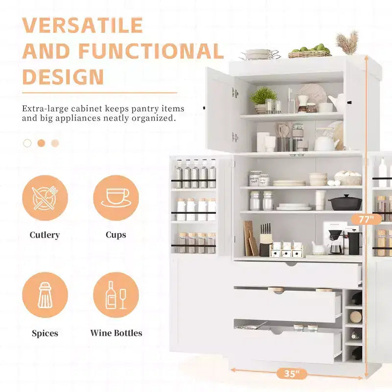 Armoire de cuisine autoportante de 195,5 cm de hauteur avec étagères réglables — Bleu / Gris / Blanc, assemblage par 1 personne