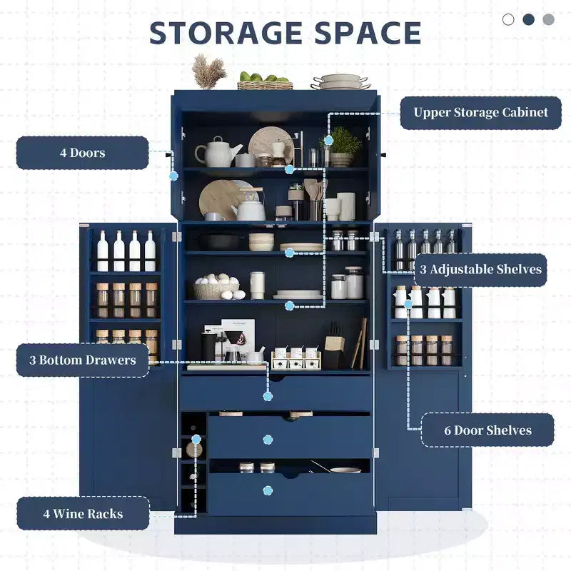 Armoire de cuisine autoportante de 195,5 cm de hauteur avec étagères réglables — Bleu / Gris / Blanc, assemblage par 1 personne