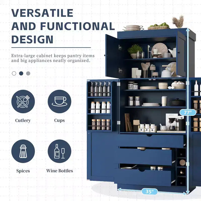 Armoire de cuisine autoportante de 195,5 cm de hauteur avec étagères réglables — Bleu / Gris / Blanc, assemblage par 1 personne
