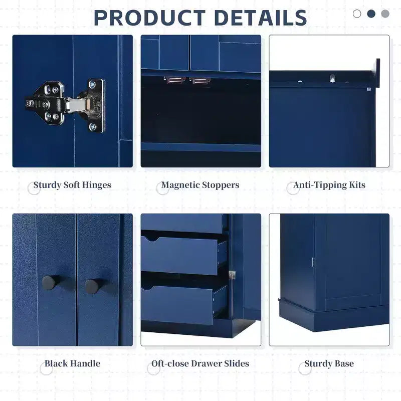 Armoire de cuisine autoportante de 195,5 cm de hauteur avec étagères réglables — Bleu / Gris / Blanc, assemblage par 1 personne