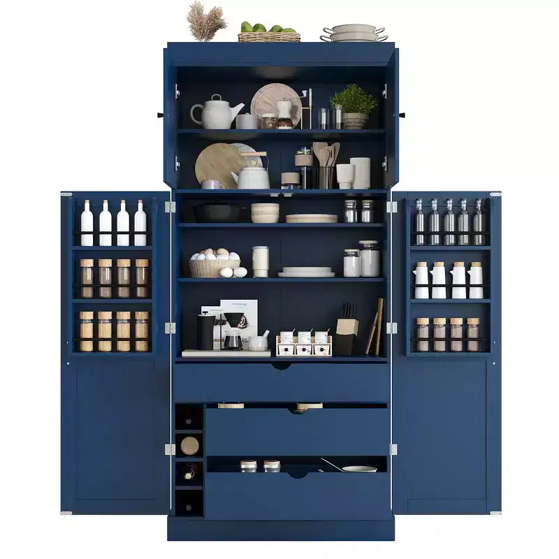 Armoire de cuisine autoportante de 195,5 cm de hauteur avec étagères réglables — Bleu / Gris / Blanc, assemblage par 1 personne