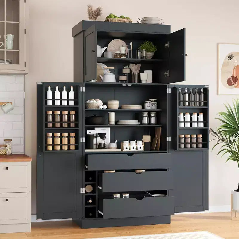 Armoire de cuisine autoportante de 195,5 cm de hauteur avec étagères réglables — Bleu / Gris / Blanc, assemblage par 1 personne