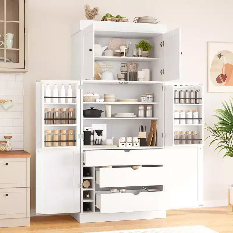Armoire de cuisine autoportante de 195,5 cm de hauteur avec étagères réglables — Bleu / Gris / Blanc, assemblage par 1 personne