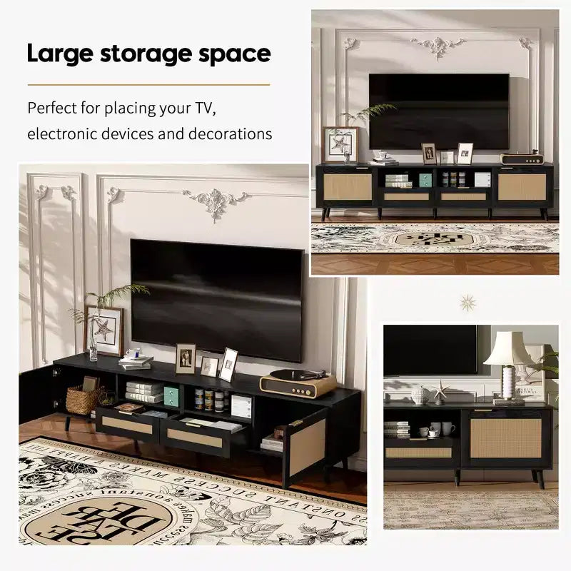 Meuble TV GDFStudio Elora style ferme moderne avec motif en rotin et 2 tiroirs