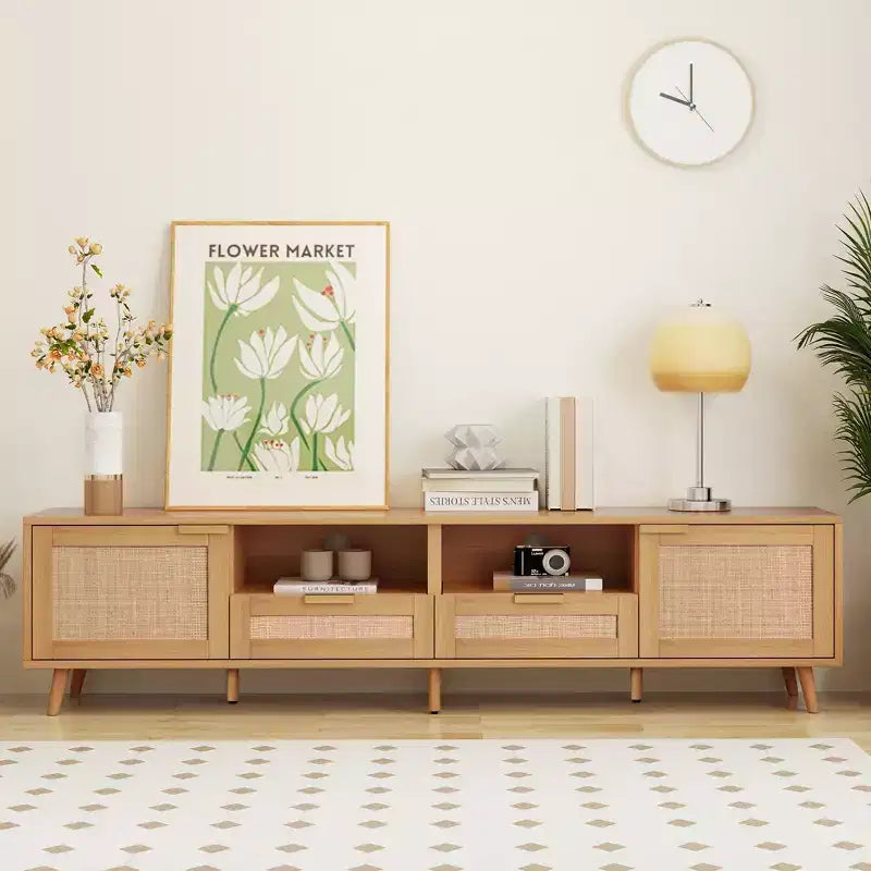 Meuble TV GDFStudio Elora style ferme moderne avec motif en rotin et 2 tiroirs