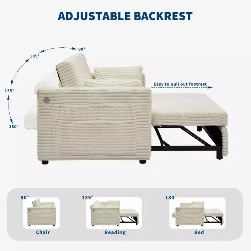 Canapé convertible deux places avec dossier 4 positions – Canapé-lit en velours côtelé avec ports USB/Type-C et poches latérales