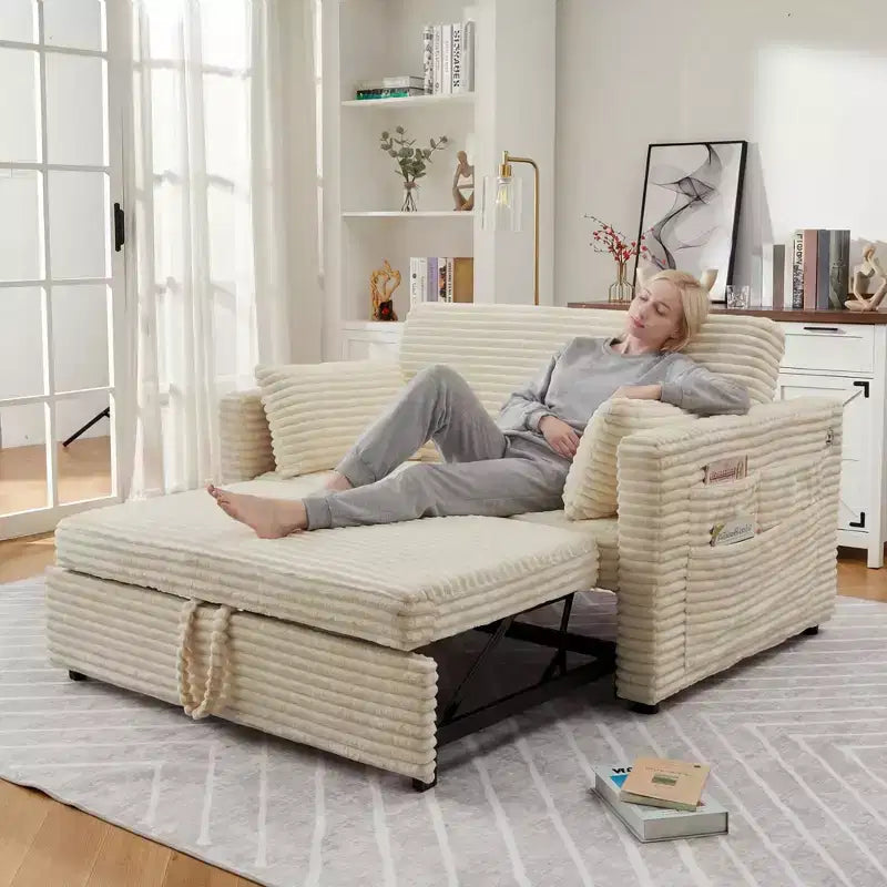 Pull Out Loveseat Sleeper Sofa with 4-Position Backrest - Corduroy Sofa Bed with USB/Type-C & Side Pockets