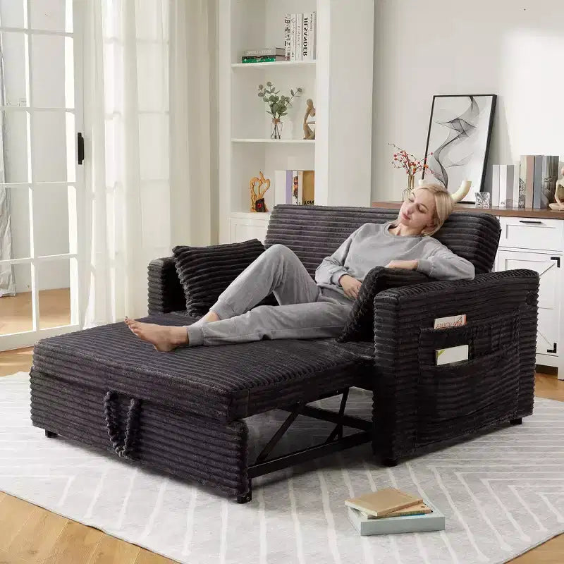 Canapé convertible deux places avec dossier 4 positions – Canapé-lit en velours côtelé avec ports USB/Type-C et poches latérales
