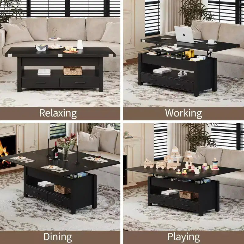 Table basse à plateau relevable, Grande table basse avec compartiment caché, Table basse de rangement pour salon, Design moderne